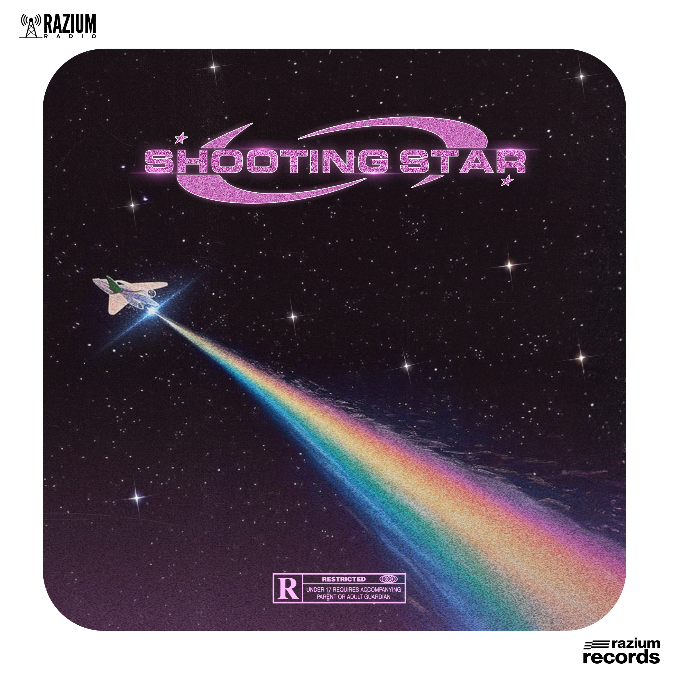 Album cover art for Shooting Star, featuring a starry space background with a spaceship emitting a rainbow trail, with purple stylized text and a 'Restricted' label at the bottom.