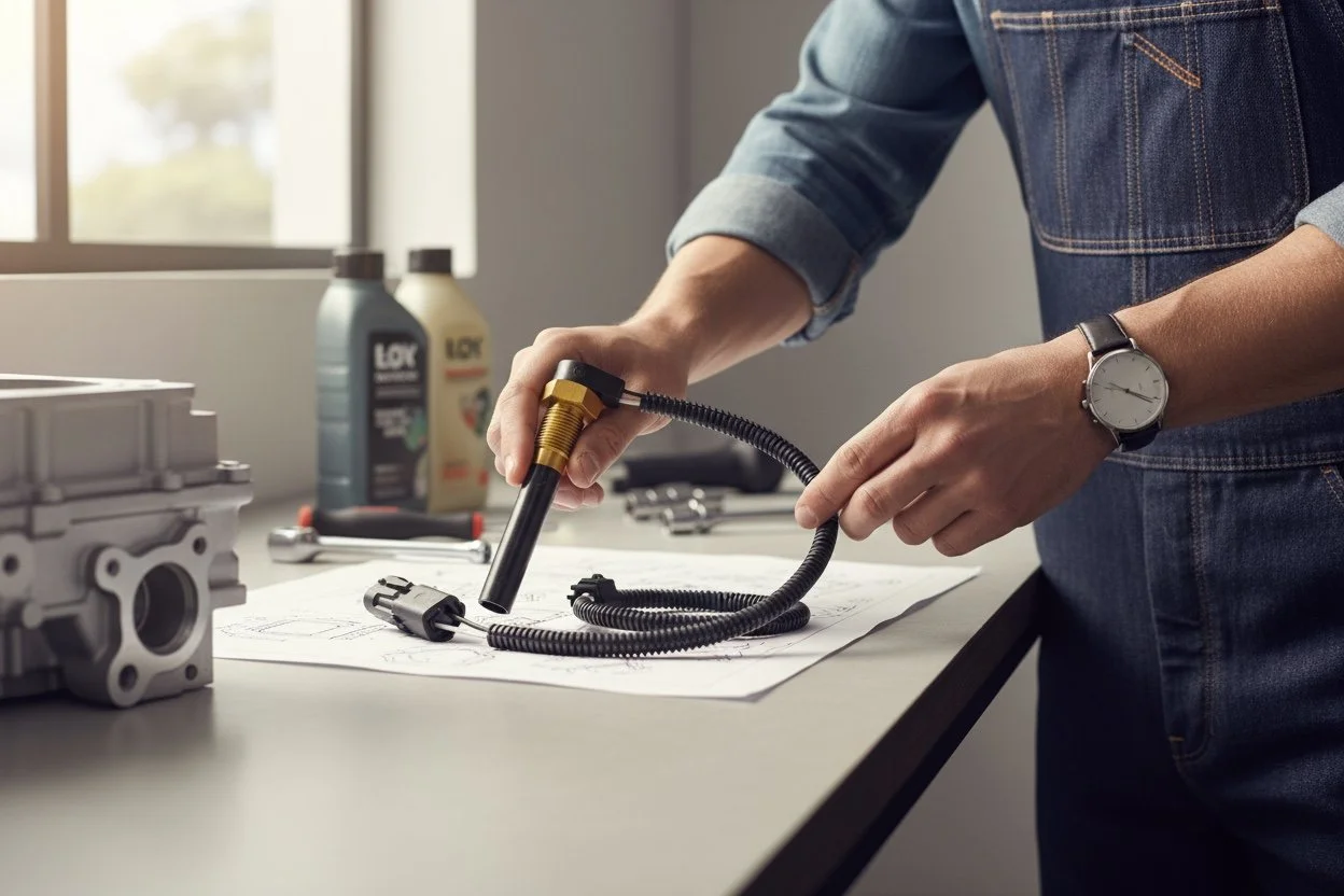 Persona trabajando en un taller, usando una camisa de mezclilla y un reloj, conectando una herramienta con una manguera a un componente mecánico en una mesa, con botellas de lubricante en el fondo.
