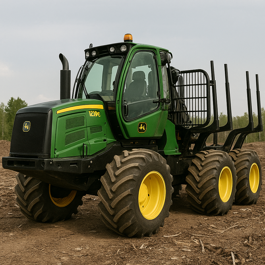Tractor verde con ruedas grandes en un campo de tierra