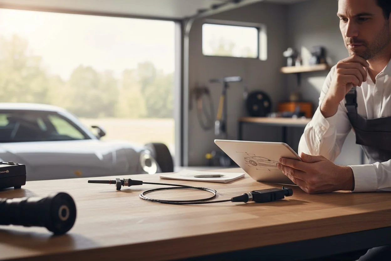 Hombre en un taller revisando un plano de un automóvil, con herramientas y vehículo en el fondo.