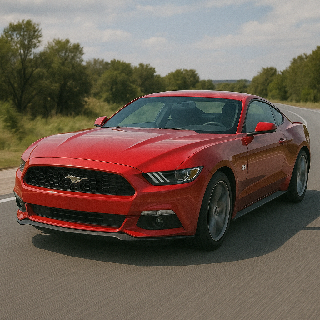 Auto rojo tipo coupé manejando en carretera.