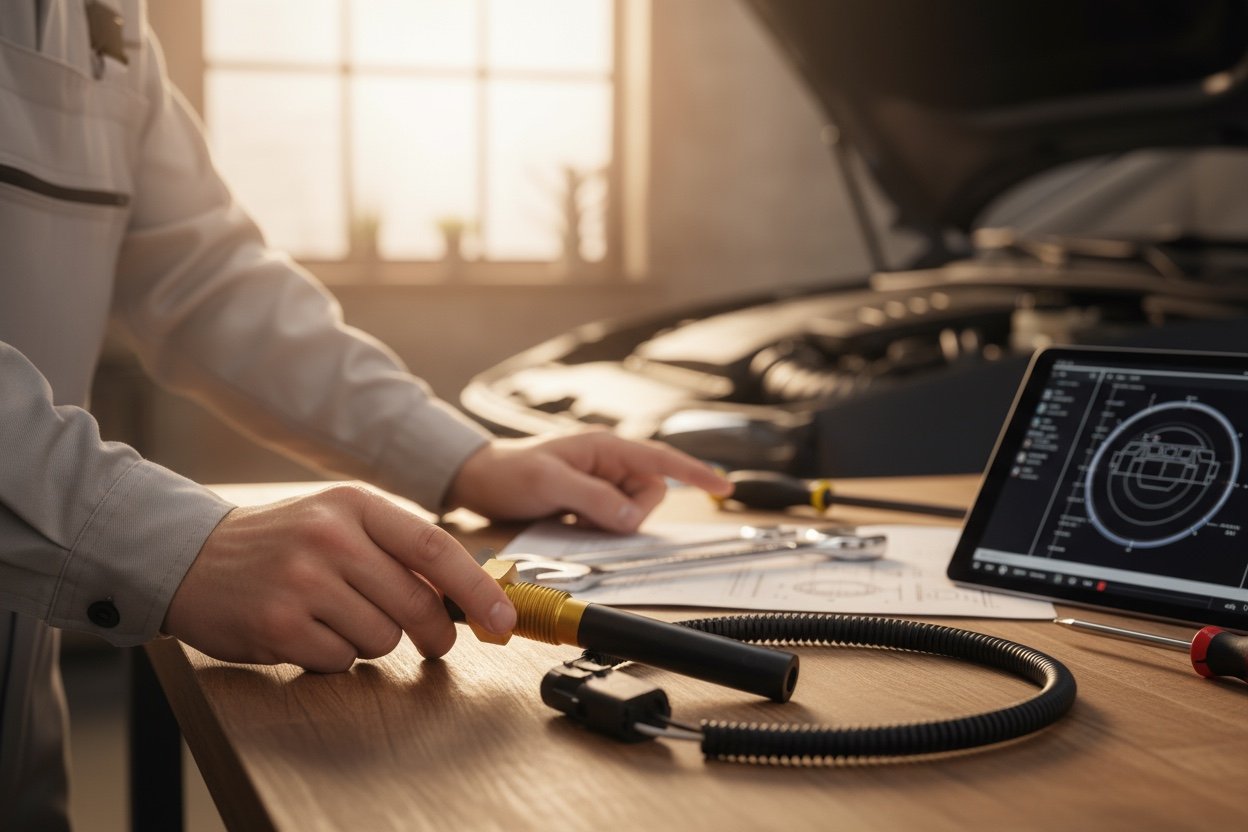 Persona reparando un automóvil con herramientas y planos en una mesa de trabajo, con un coche y una tableta que muestra un esquema técnico en el fondo.