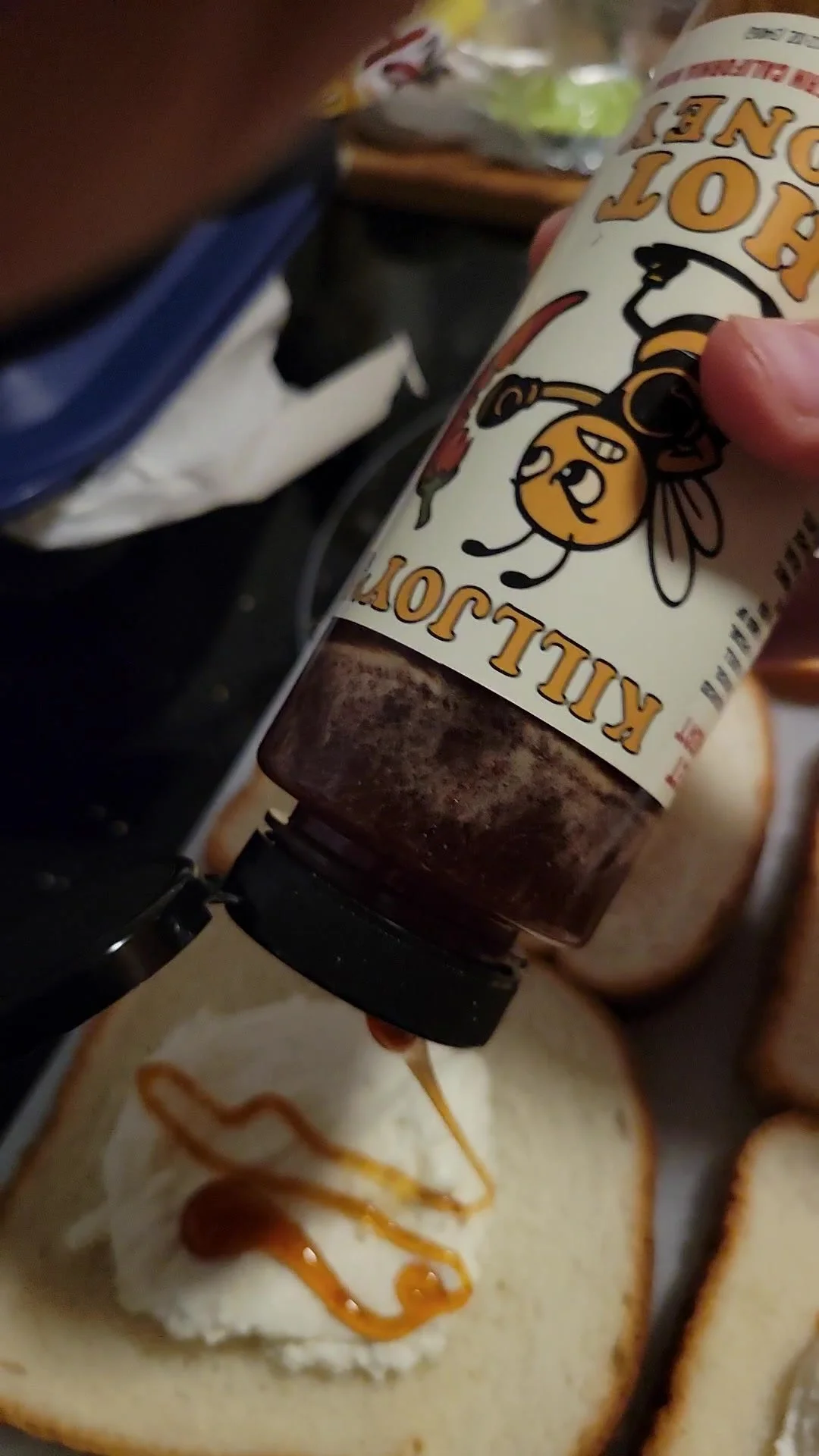 Hot honey ricotta Uncrustable-style sandwich with Killjoy's Hot Honey