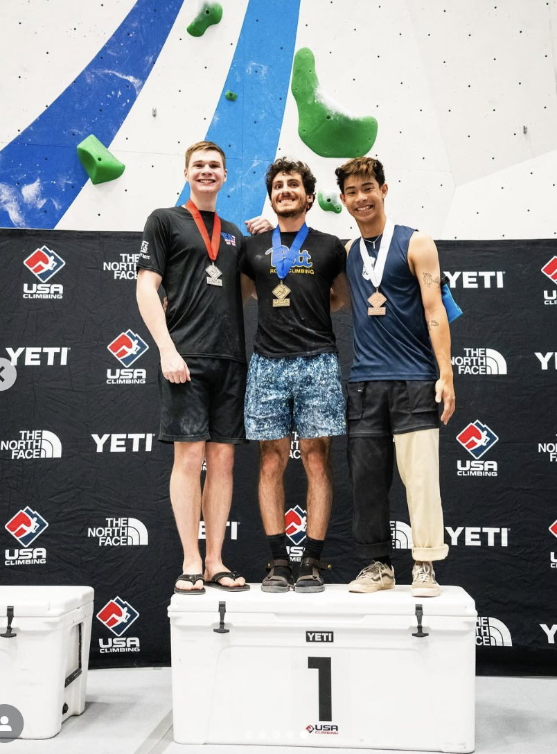 Photo by Daniel Gajda. JJ taking 3rd place at the USA Climbing Collegiate Nationals Competition in March of 2024