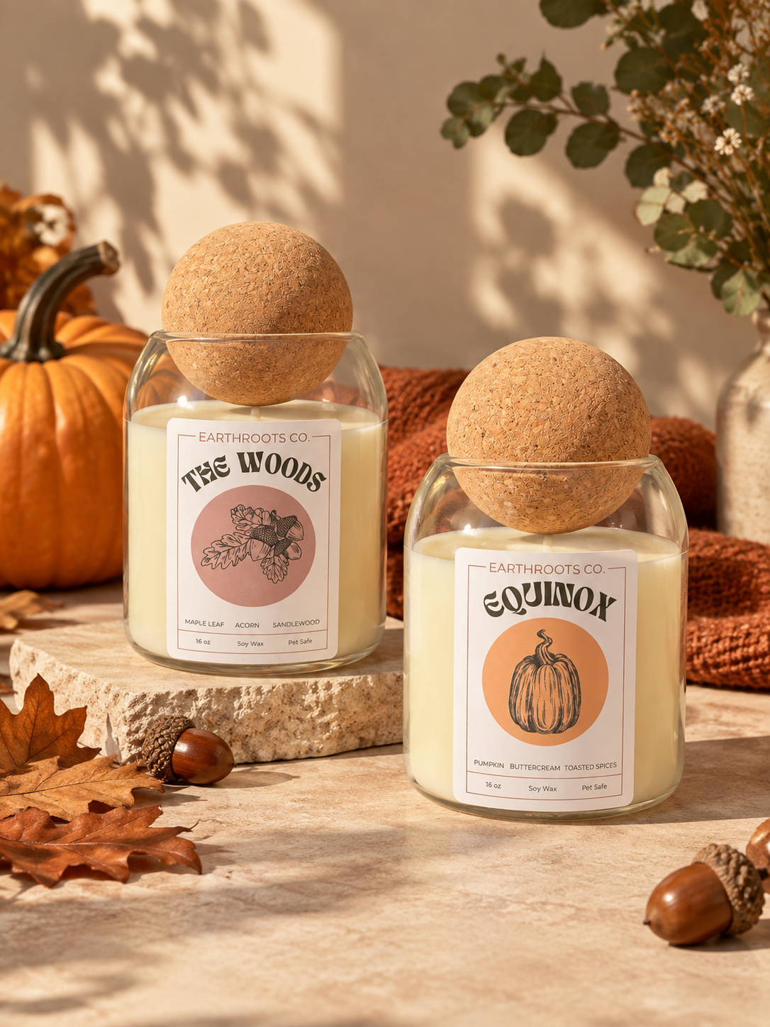 Earthroots Equinox and The Woods fall soy candles in glass jars with cork sphere lids, styled with pumpkins and autumn leaves