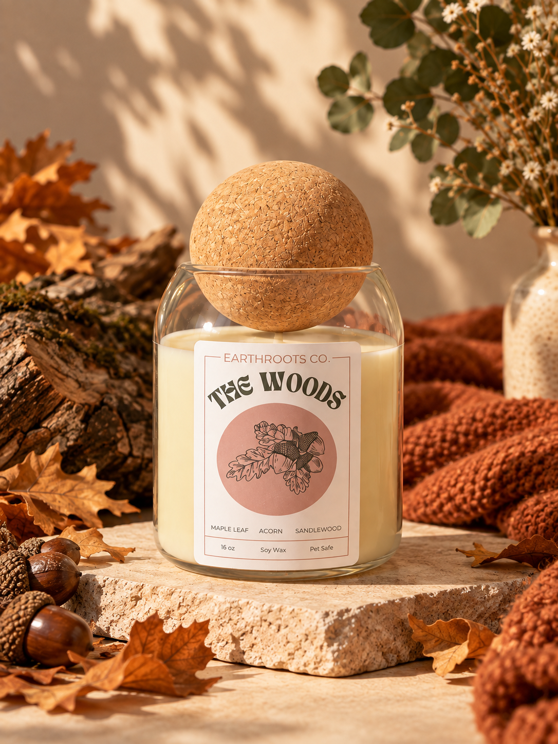 Earthroots The Woods maple leaf, acorn and sandalwood soy candle in a glass jar with a cork sphere lid and autumn foliage