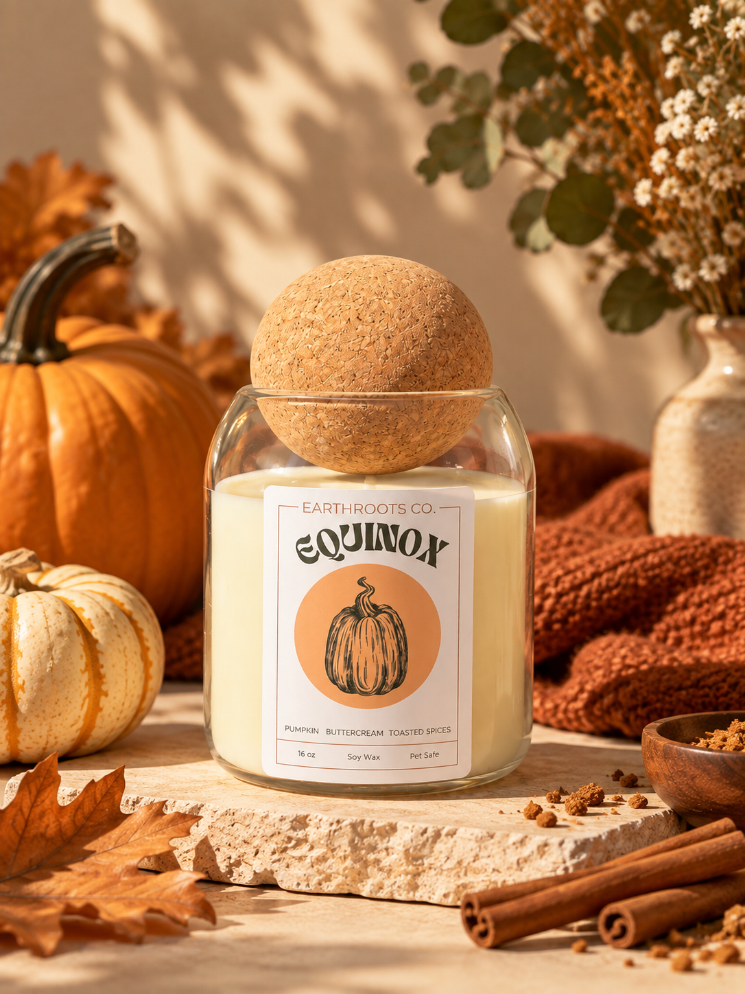 Earthroots Equinox pumpkin buttercream soy candle in a glass jar with a cork sphere lid beside autumn pumpkins