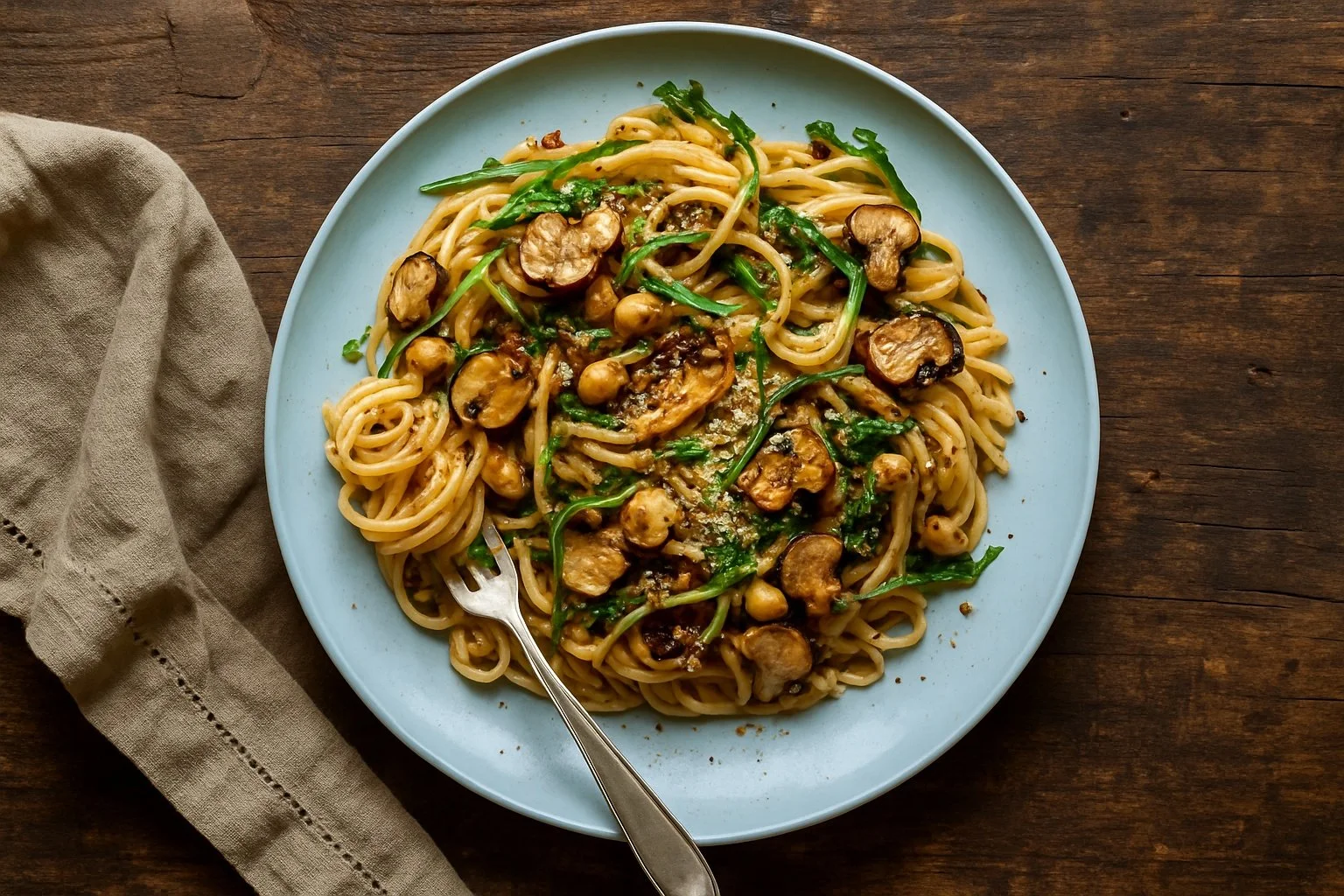mushroom spghetti with rocket and feta