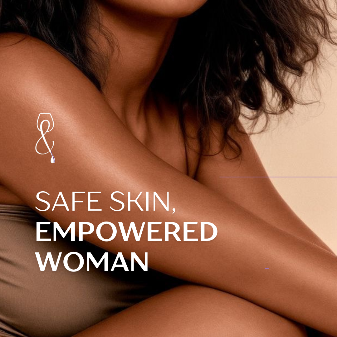 Close-up image of a woman with dark curly hair resting her arm on her knee, with the text 'Safe Skin, Empowered Woman' overlayed on the image.