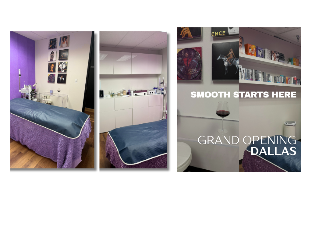 Interior of a modern clinic or spa room with purple and white decor, including a treatment bed, artwork on the wall, and white cabinets. Text on the image reads "SMOOTH STARTS HERE," "GRAND OPENING DALLAS."