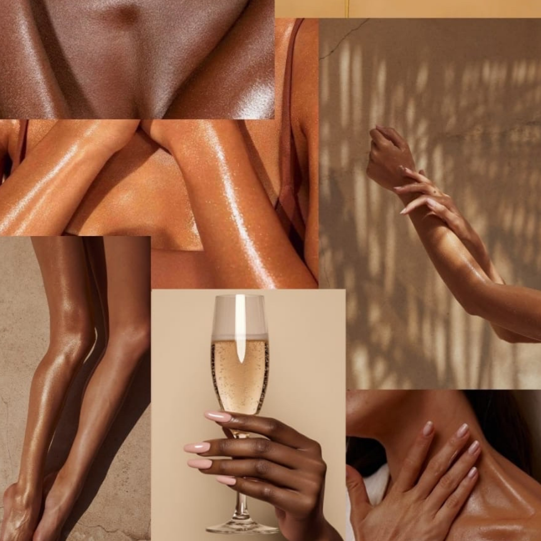 Collage of images featuring tanned, glistening skin, close-ups of arms, legs, and hands, a glass of champagne with a hand holding it, and a background of shadows cast by a bamboo fence.