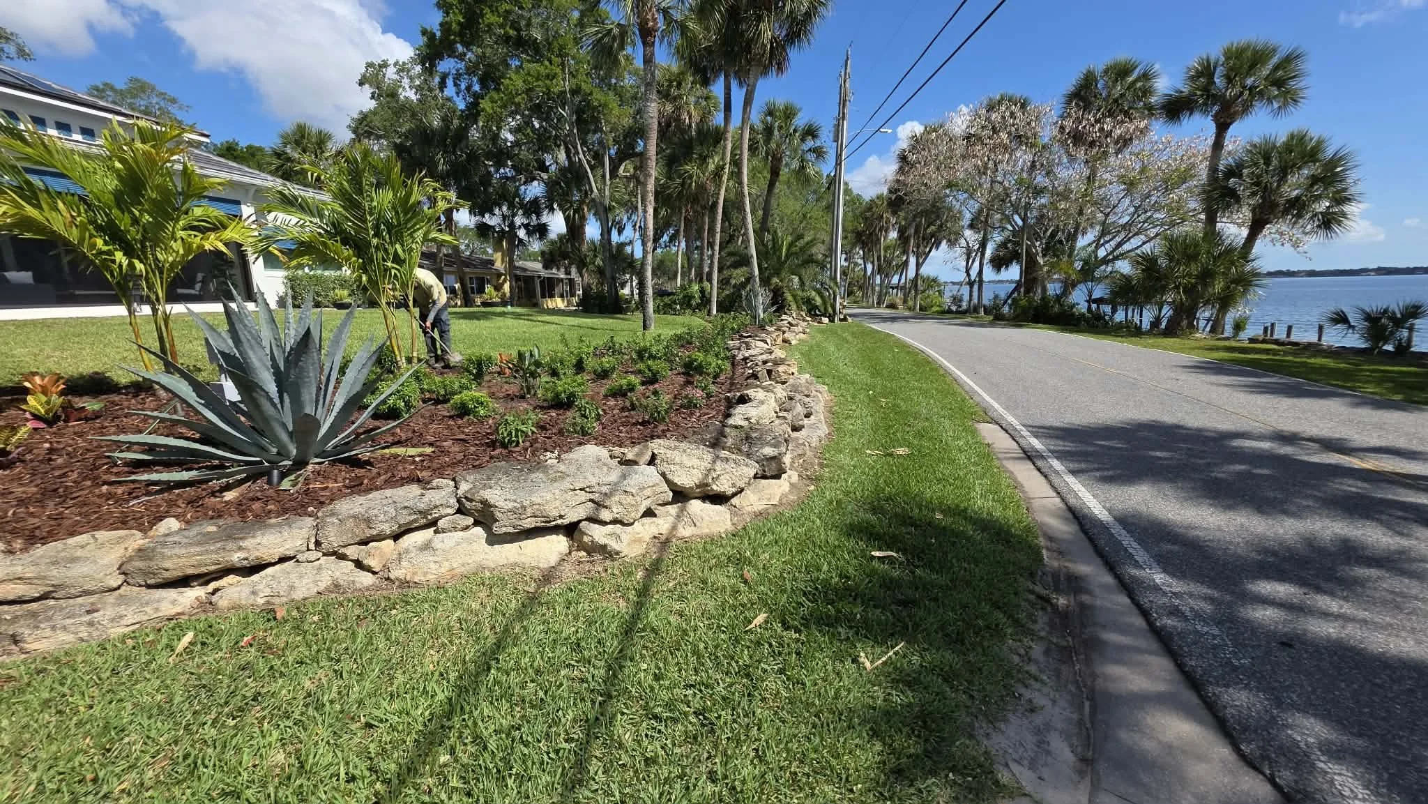 A lush green riverside landscape with tropical plants, a stone-edged flower bed, a man planting flowers, a sidewalk, and palm trees with a body of water in the background under a partly cloudy sky.