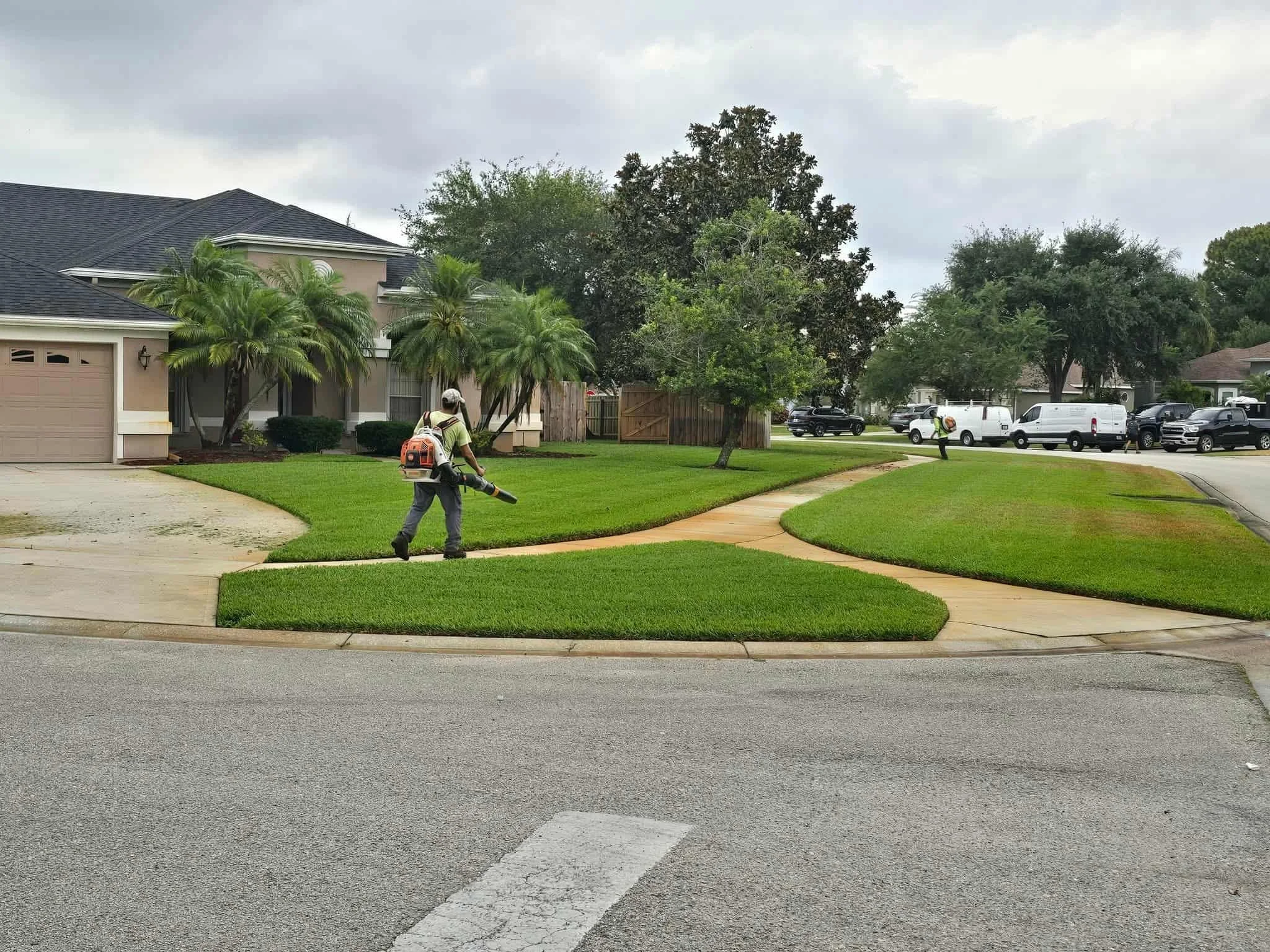 A man with a backpack walking on a paved sidewalk near a grassy lawn in a residential neighborhood with houses, trees, and parked cars. Overcast sky.