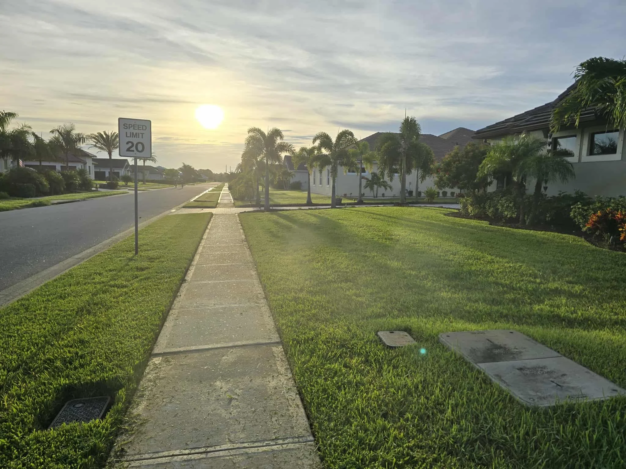 A residential neighborhood during sunrise with a sidewalk, green lawns, trees, houses with tiled roofs, and a speed limit sign indicating 20 mph.