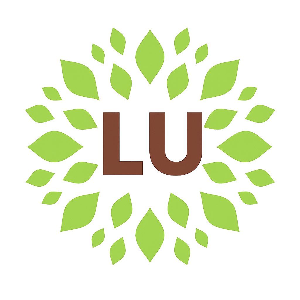 Green leafy design with the word 'LU' in brown letters at the center.