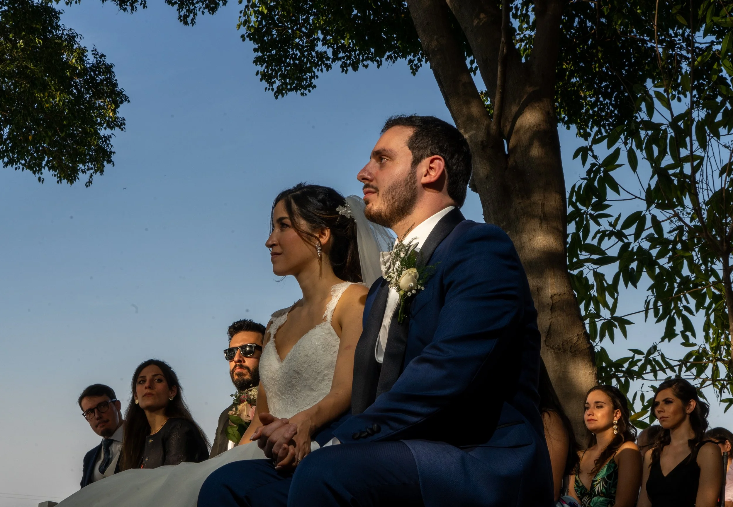Pareja de novios en una boda al aire libre, sentados bajo un árbol, rodeados de invitados, durante la tarde