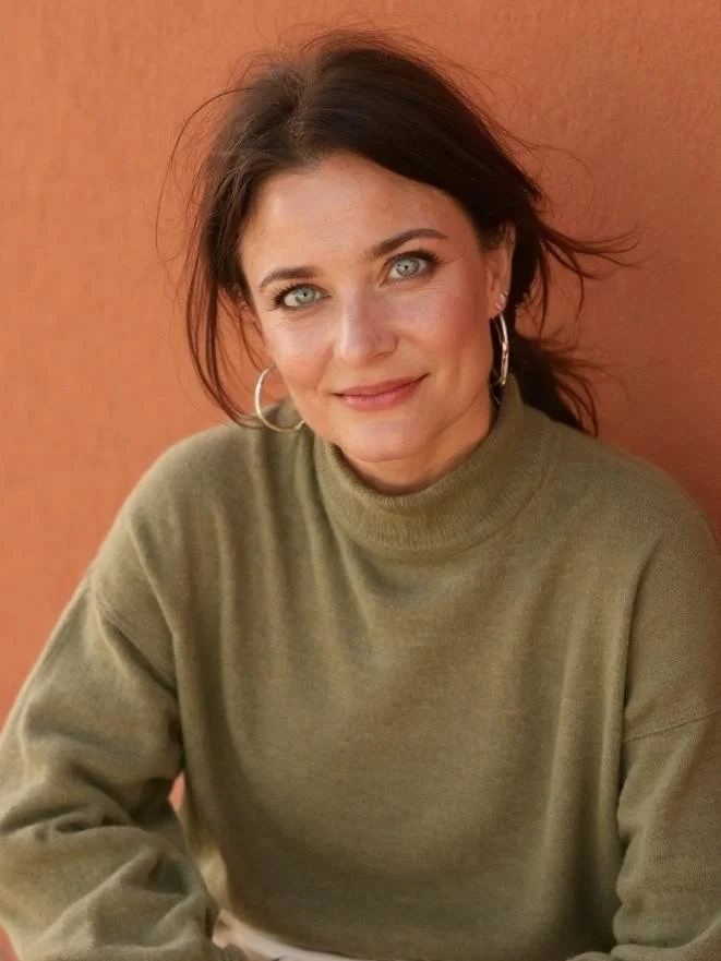 A woman with light skin, dark brown hair, and blue eyes is sitting against an orange wall, wearing a khaki-colored turtleneck sweater and large hoop earrings.