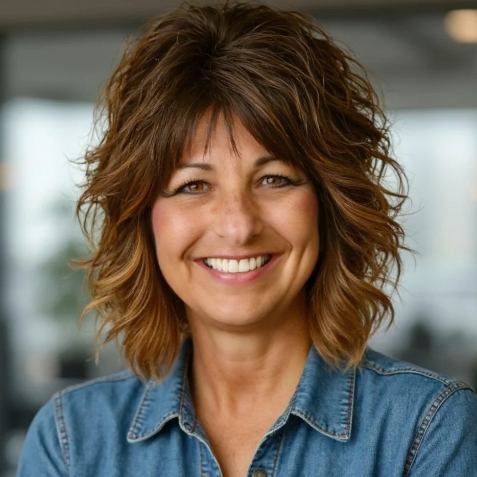 A woman with shoulder-length, wavy brown hair smiling at the camera, wearing a dark top, against a plain background.
