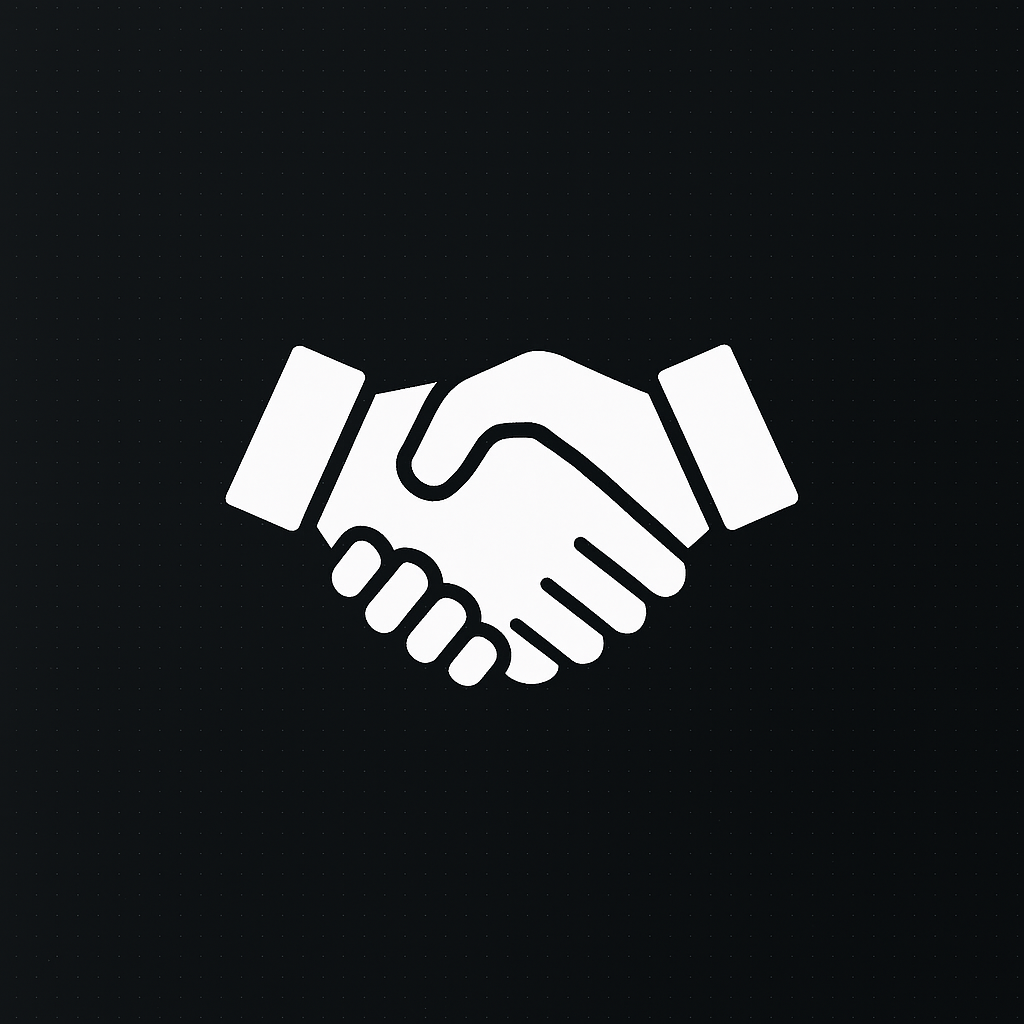 Icon of a handshake between two people on a black background.