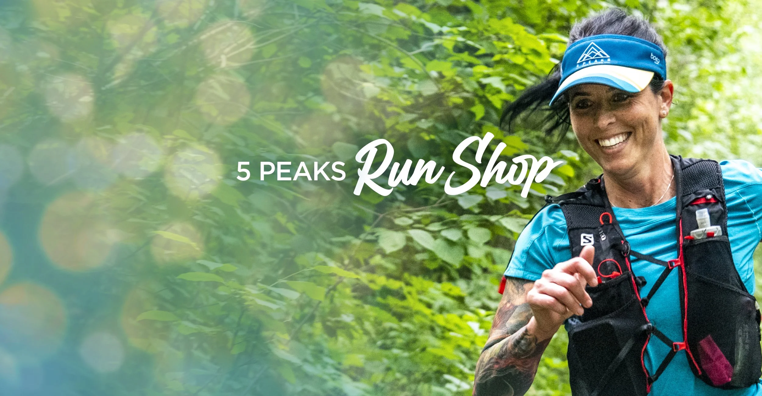 A woman running outdoors in a forest, wearing a blue cap and sporty attire, smiling, with a backpack. The overlay text reads "5 PEAKS Run Shop".