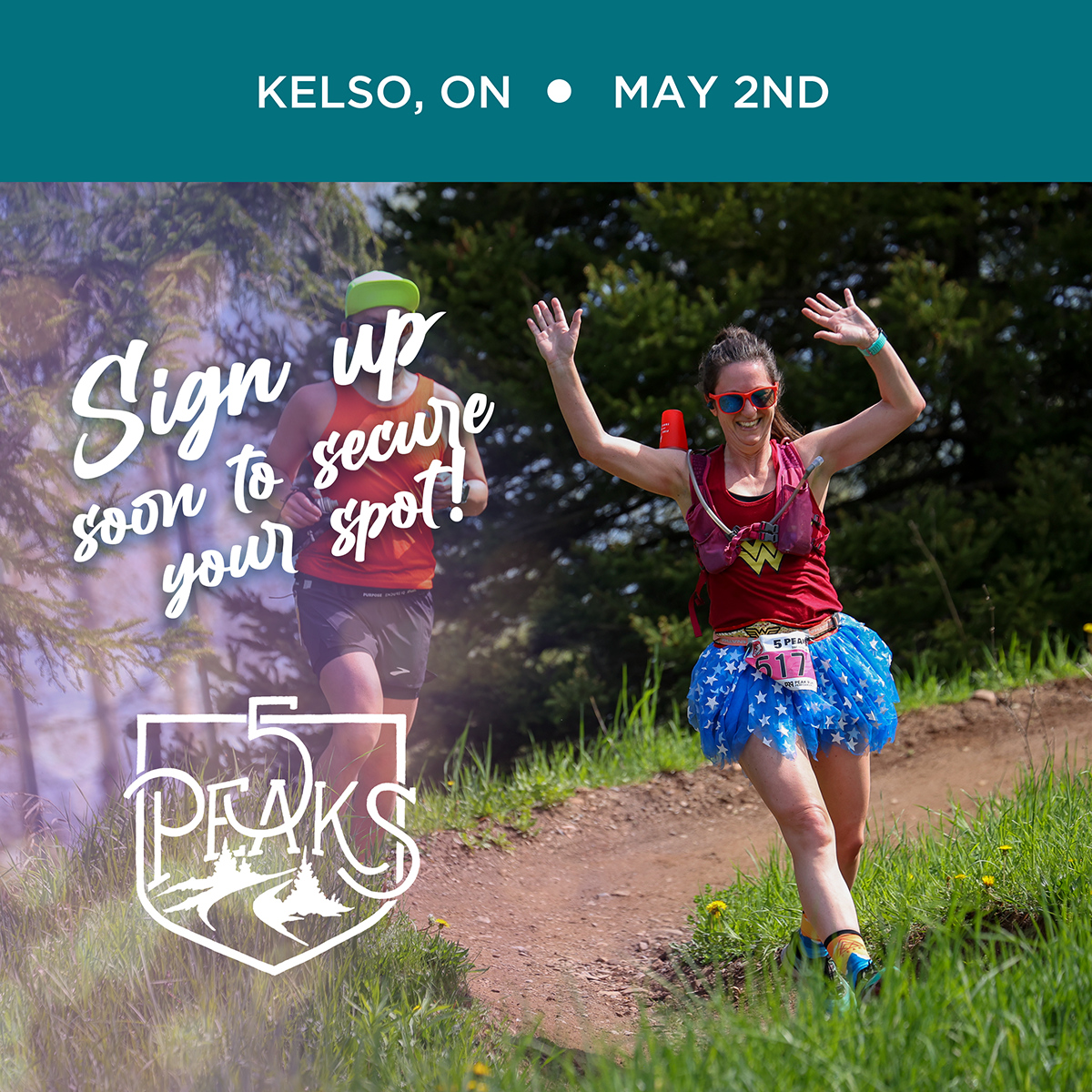 A woman wearing a Wonder Woman tutu and sunglasses running on a trail during a race, with a man running behind her, trees in the background, and text about an event in Kelso, on May 2nd.