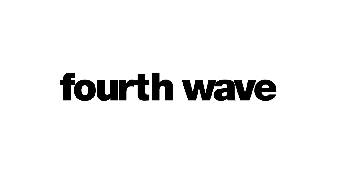Black logo with a large yellow circle and the words "fourth wave" in bold black text inside the circle.