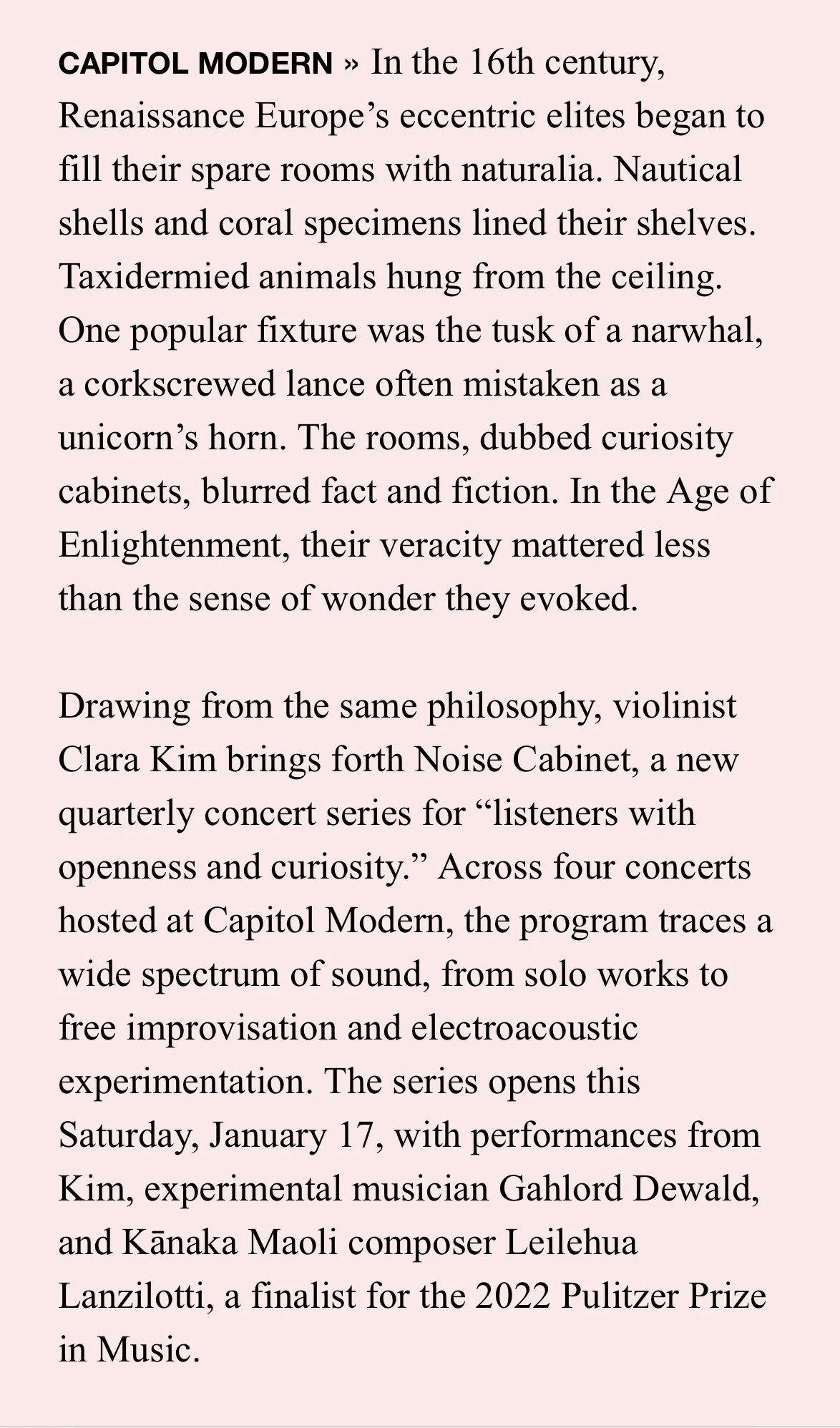 Text page titled "Capitol Modern" discussing 16th-century European elites, curiosity cabinets, and a new concert series by violinist Clara Kim featuring experimental sound performances.