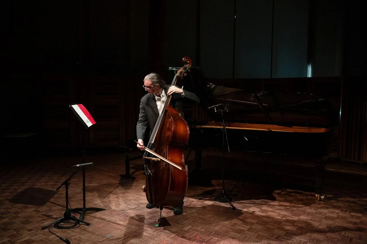 Man in suit playing double bass on stage with grand piano behind him, in a dimly lit music hall.