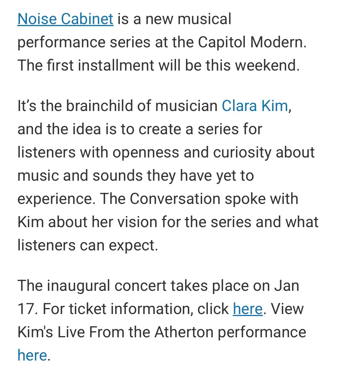 Text about Noise Cabinet, a new musical performance series at the Capitol Modern featuring musician Clara Kim, with details about the series and its inaugural concert on January 17, along with clickable links for ticket information and a live performance view.