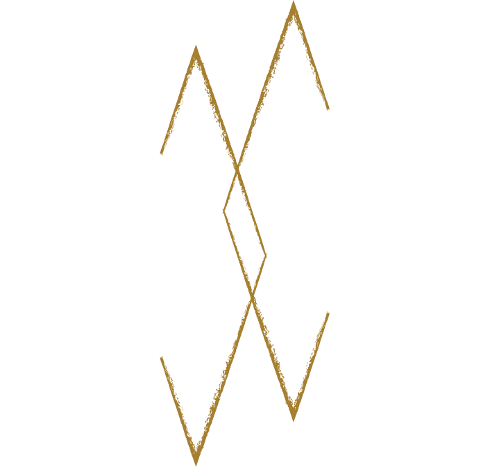Interlocking geometric diamond shapes with white and gold lines on a black background.
