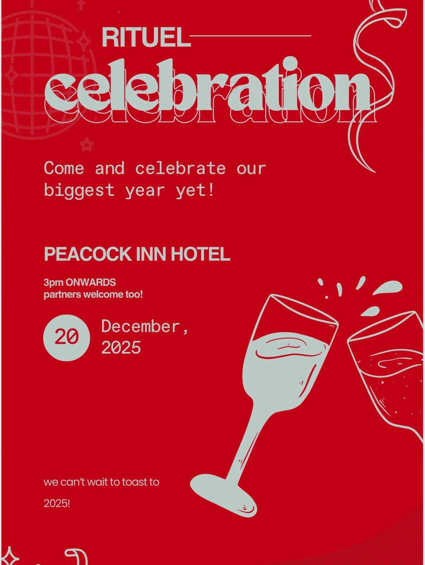 Join us in celebrating the MASSIVE year we&rsquo;ve had at RITUEL. Everyone is welcome &mdash; please RSVP. Link in our stories xx