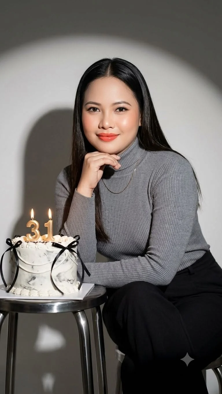 A woman with long dark hair wearing a gray turtleneck sweater and black pants, sitting next to a birthday cake with lit candles and a 31 candle, smiling at the camera.