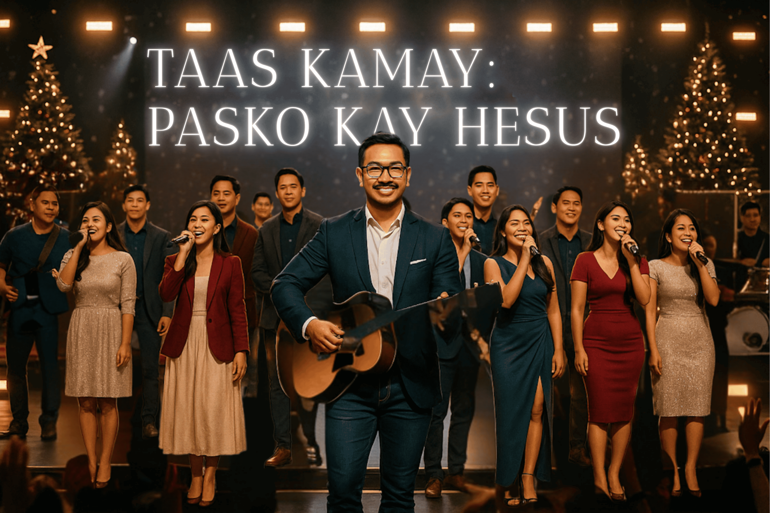 A group of people singing and performing on stage with Christmas trees and lights in the background. The man in front is playing guitar and smiling, with a large screen behind displaying the words in Filipino: 'Taas Kamay Pasko Kay Hesus.'