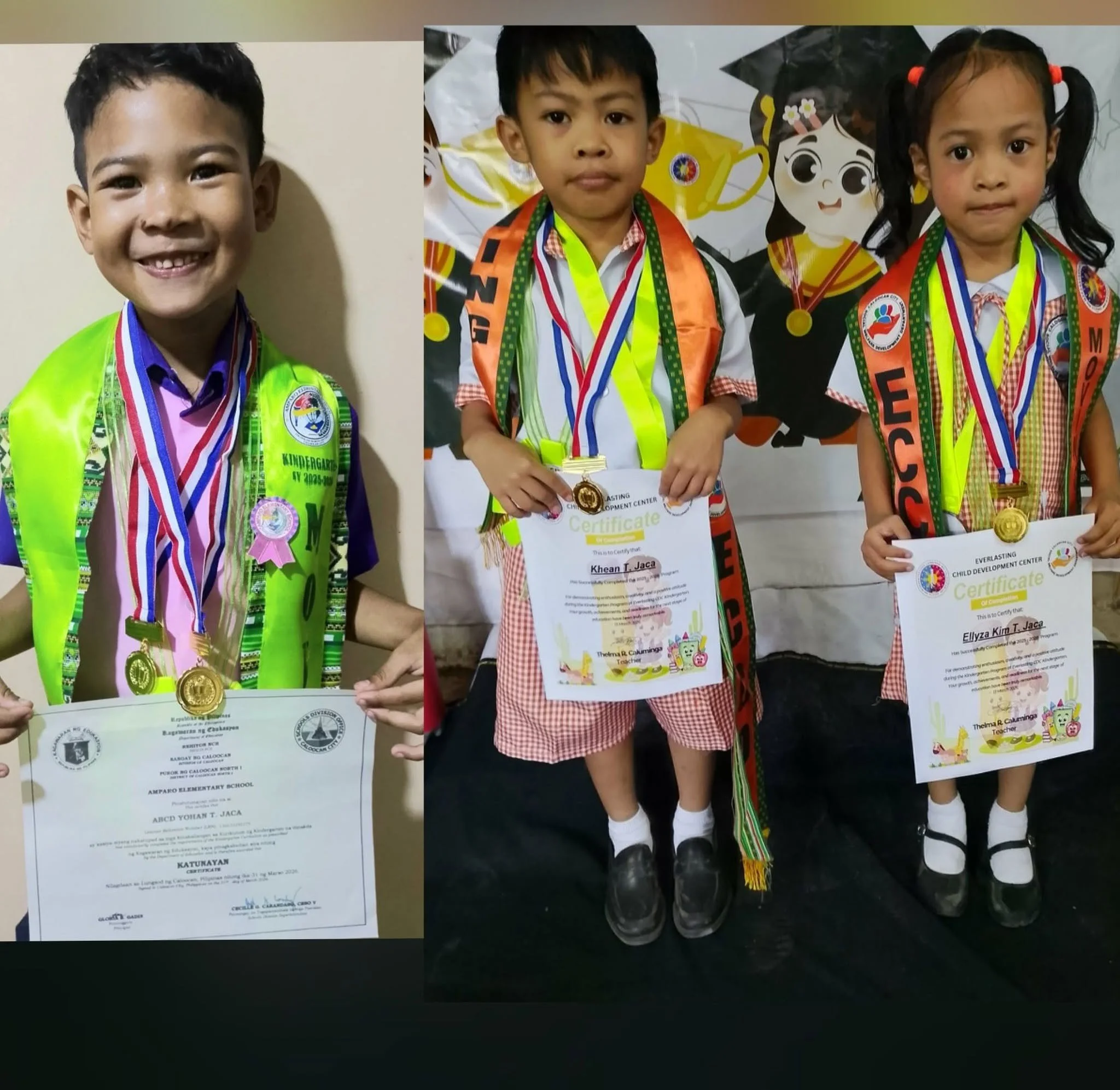 Three young children wearing school uniforms and medals, holding certificates, standing in front of a decorative background with cartoon characters.