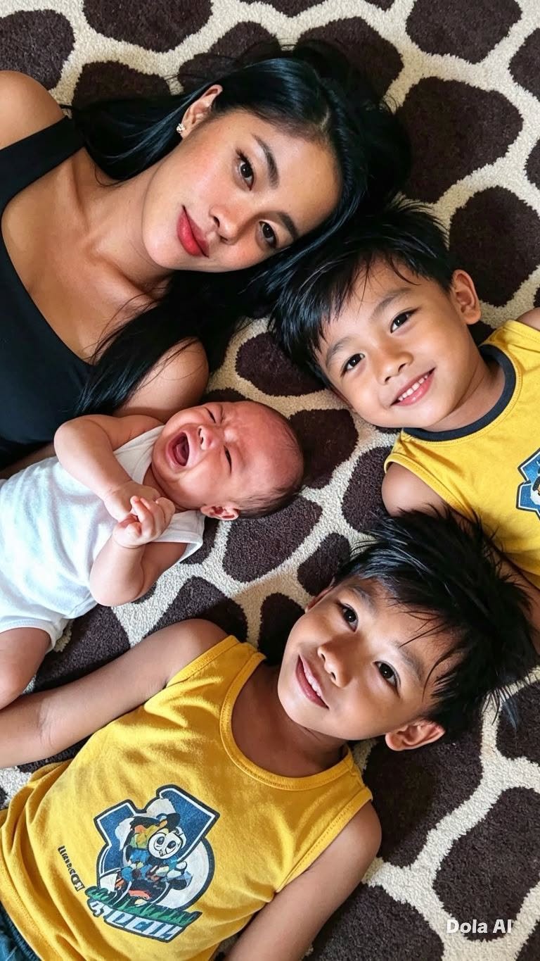 A woman and three children lying on a patterned rug, with two wearing yellow shirts and one baby crying, all smiling or looking at the camera.