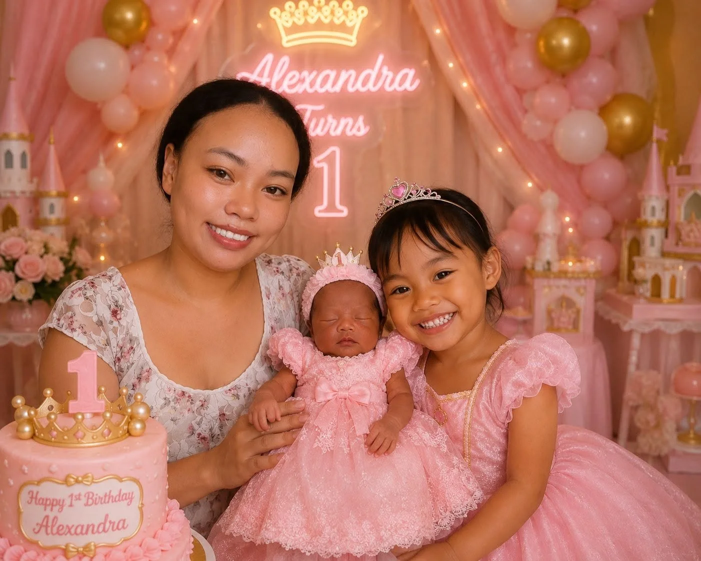 A woman, a young girl, and a newborn baby girl celebrating a first birthday in a decorated pink party setting. The woman and girl are smiling, wearing pink dresses and tiaras, while the baby is dressed in a pink dress with a matching headband. There 