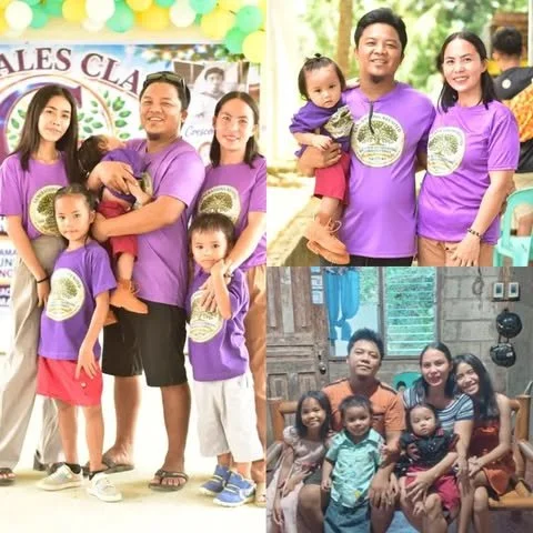 Family group photo with five children and two adults, some wearing purple T-shirts with a circular design, indoors and outdoors in different settings.