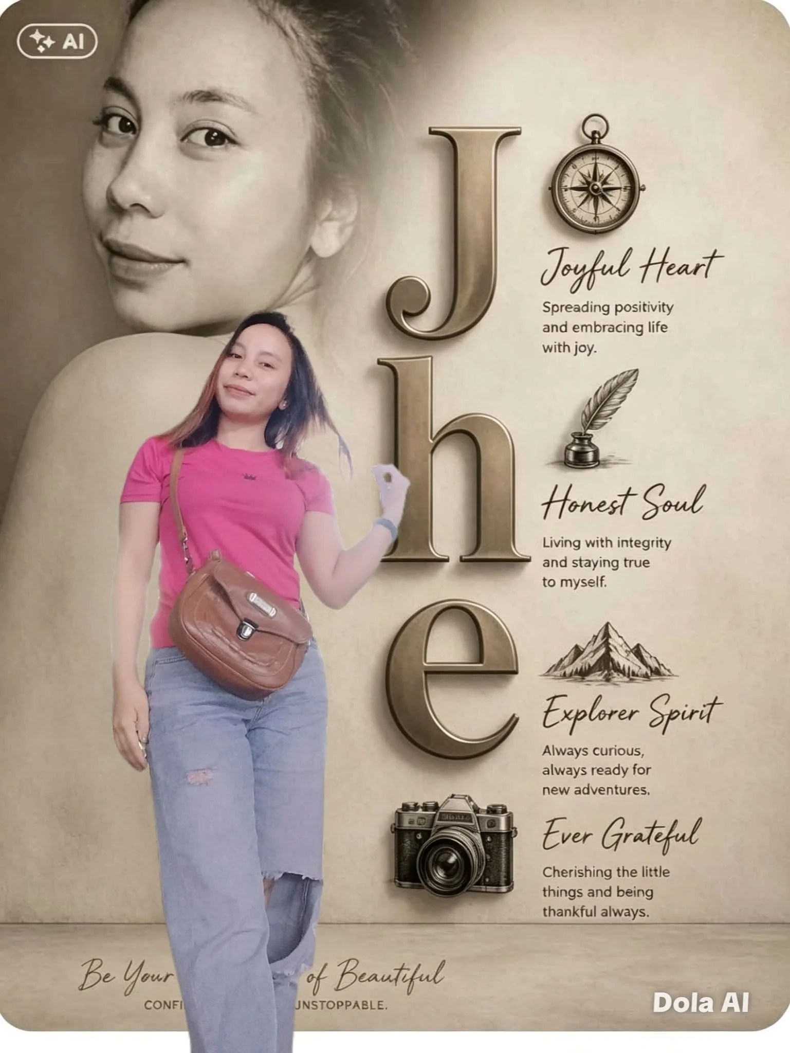 A poster featuring a woman in a pink shirt and ripped jeans, with text and symbols emphasizing qualities like joy, honesty, exploration, gratitude, and confidence.