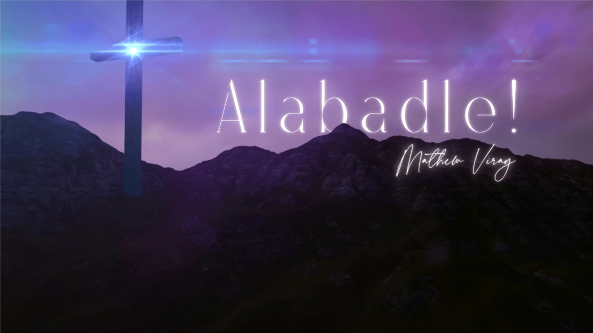 A large cross on a mountain with a glowing light at the top, set against a twilight sky with purple and pink hues, with the word 'Alabama!' illuminated in large text and a signature reading 'Matthew Viny' below.