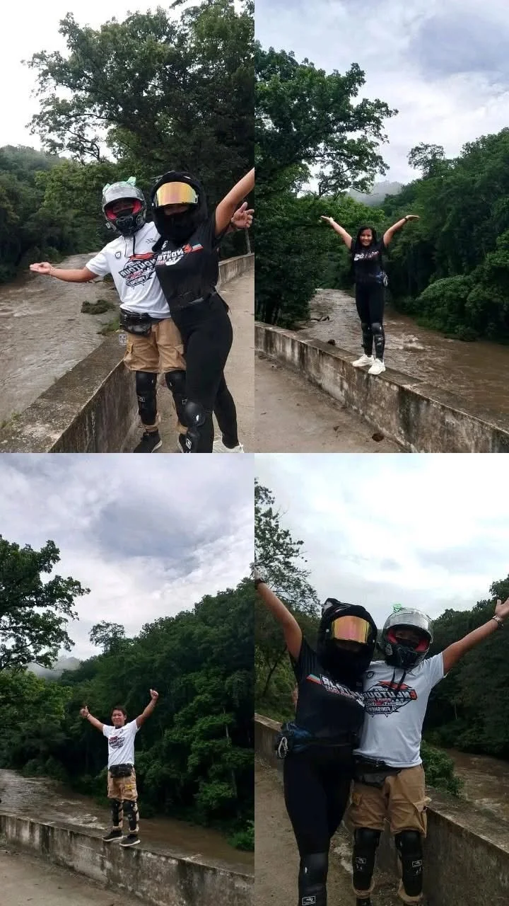 Four photos of two people on a concrete barrier with a river and green trees in the background, celebrating outdoors.