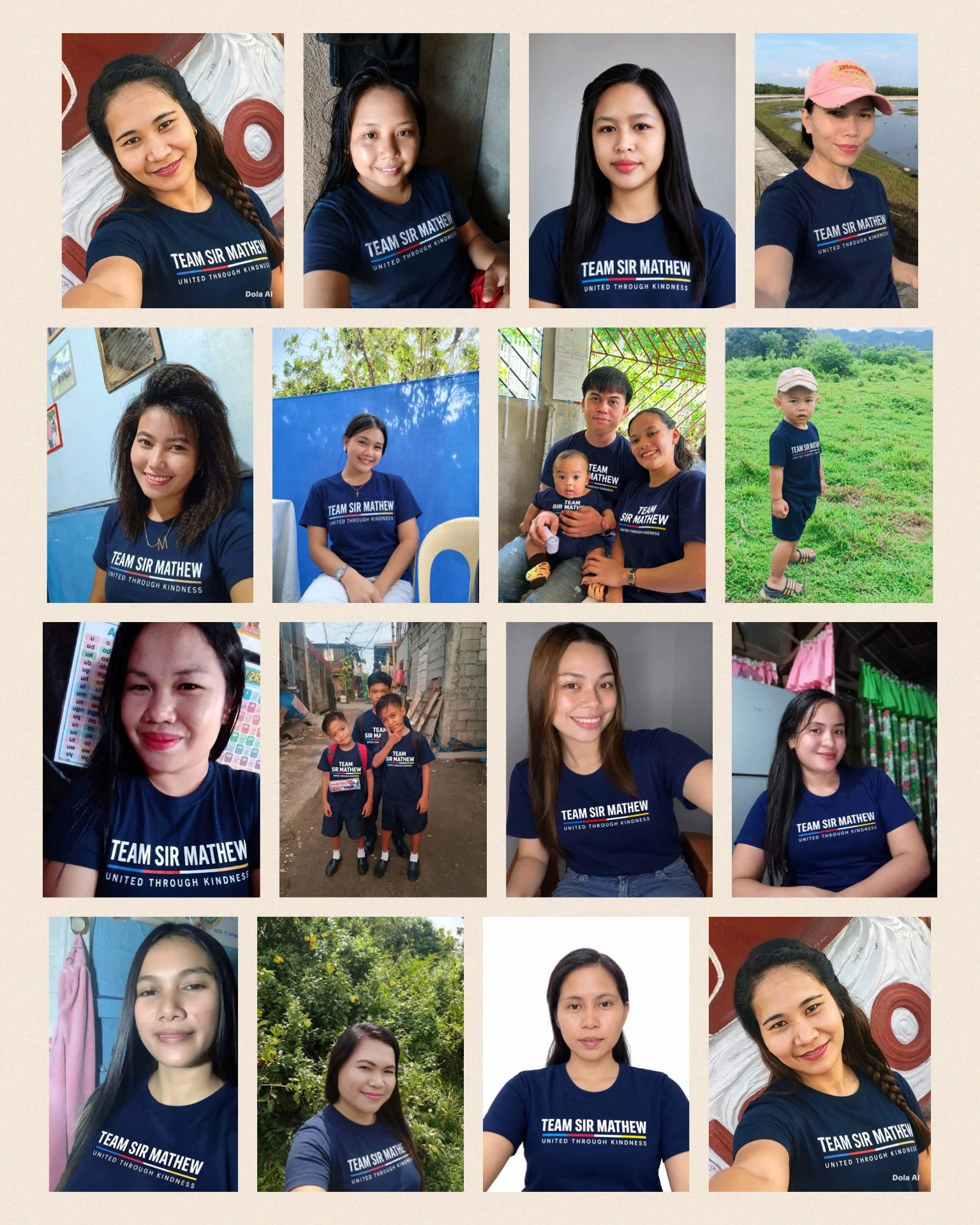 Collage of people wearing navy blue T-shirts with the text 'Team Sir Mathew' and 'United Through Kindness'. Photos show women, a man with children, and a young boy outdoors, indoors, and in natural settings.