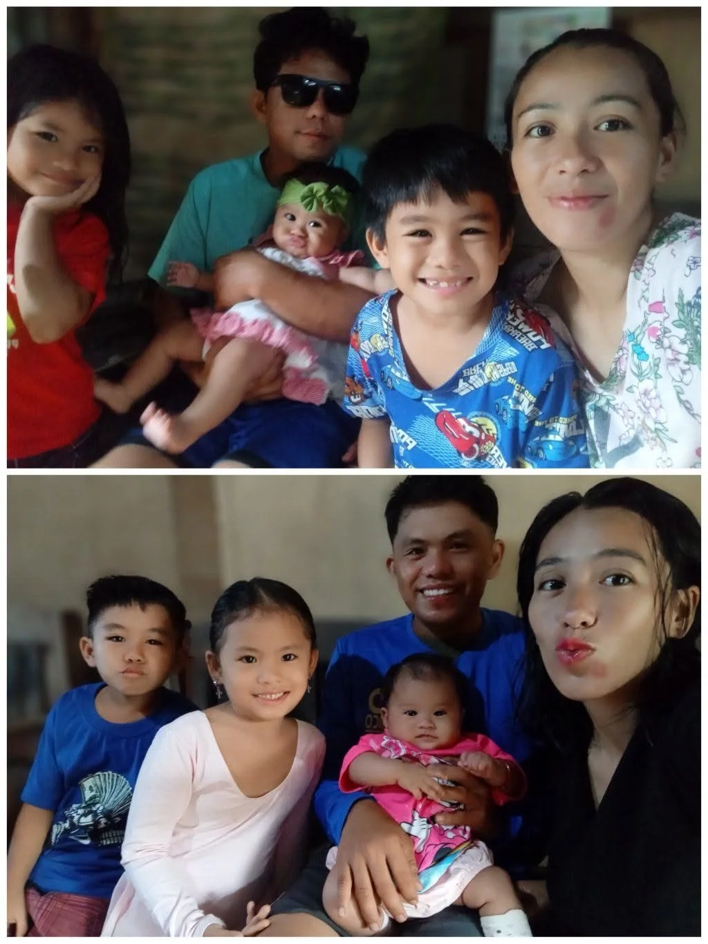 Two groups of people, each with a mix of children and adults, smiling and posing for photos.