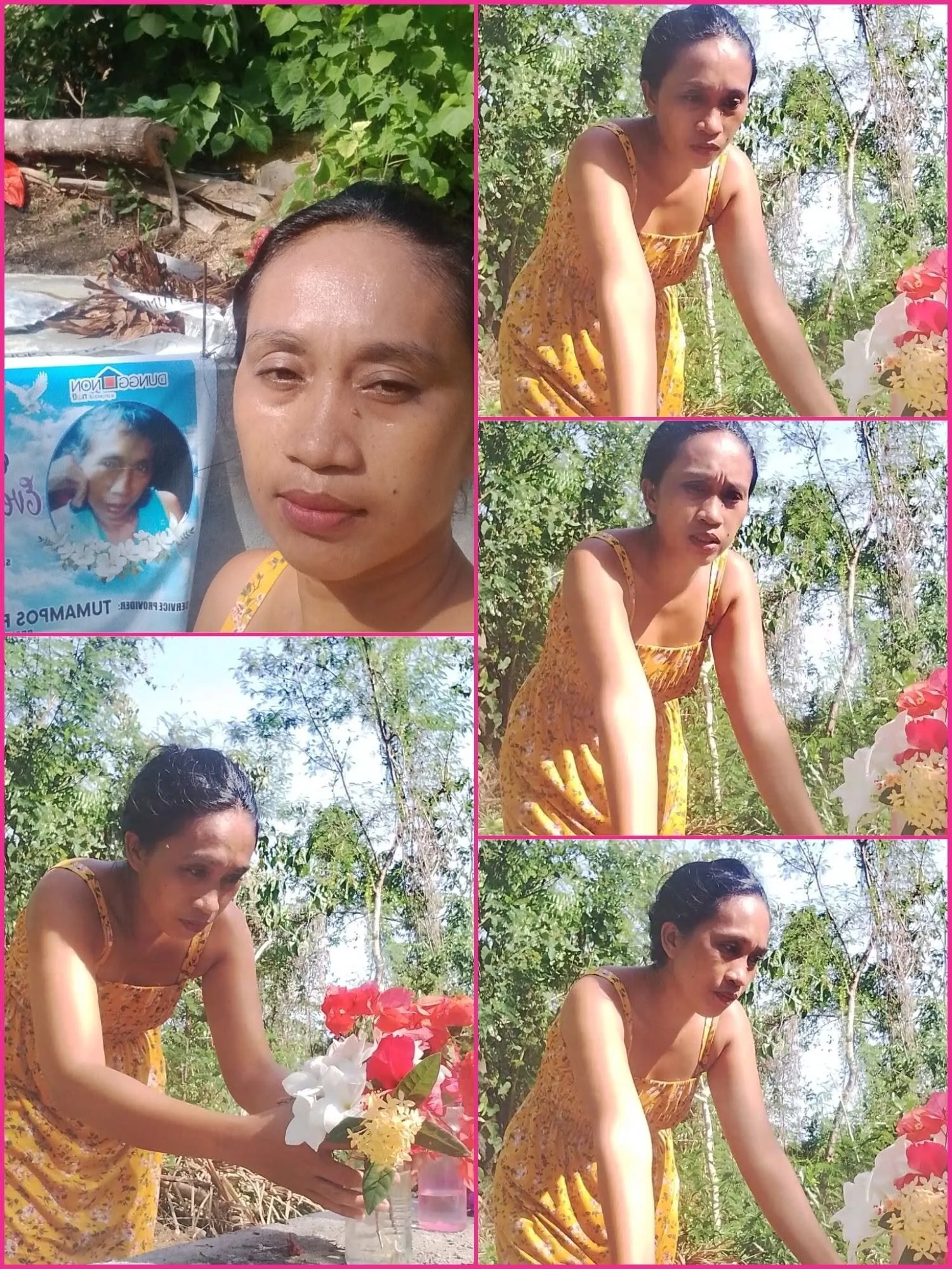 A collage of five photos of a woman with dark hair in a yellow dress outdoors among trees and plants. She is seen arranging white and pink flowers in a clear plastic vase on a flat surface. The background includes green foliage, a concrete surface wi