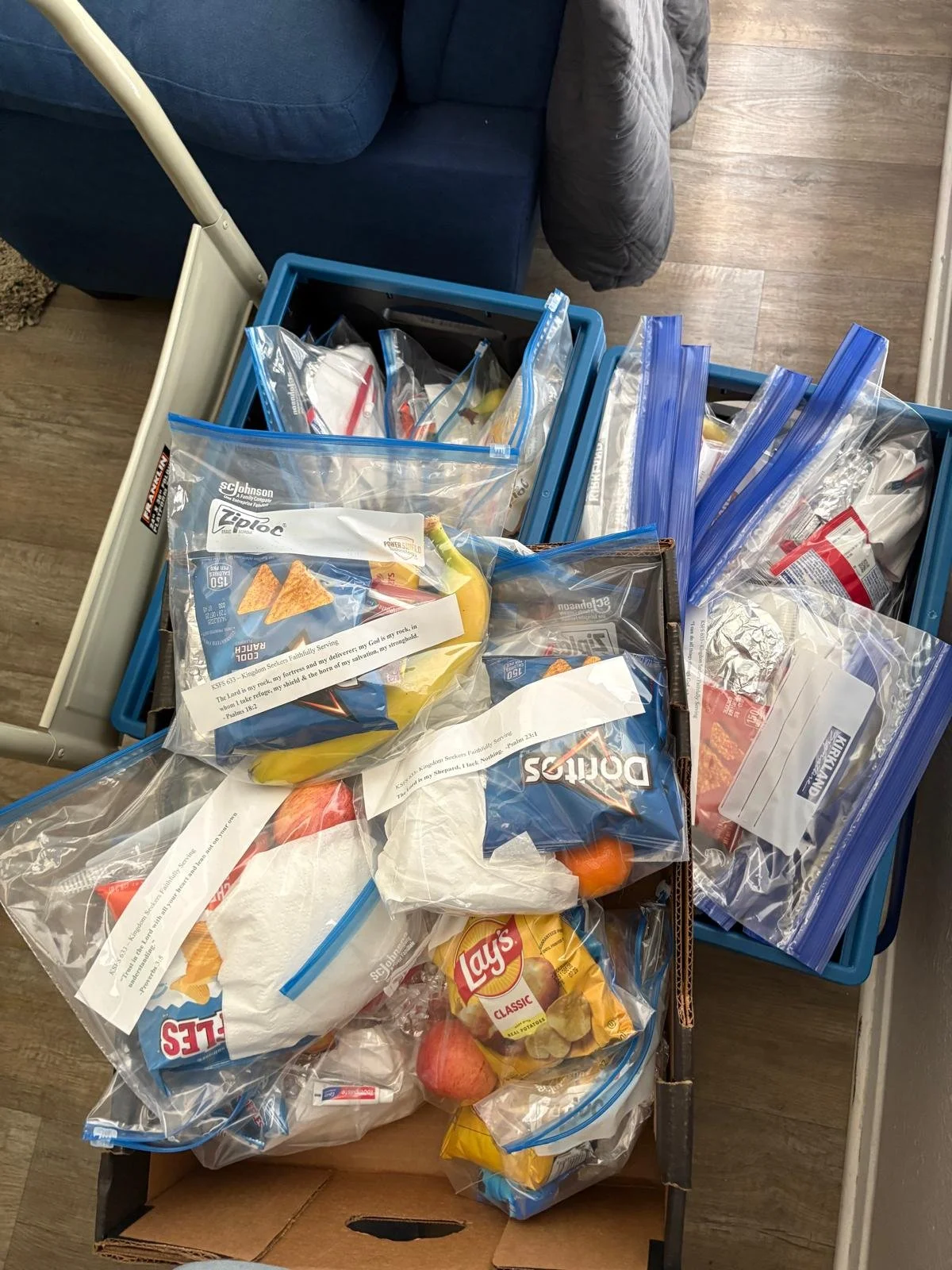 Collection of ziplock bags filled with snack foods, including Lay's potato chips and Doritos, on a cart near a blue chair.