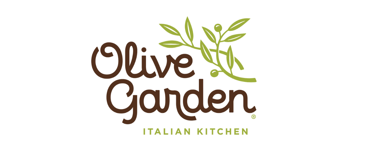 Logo for Olive Garden Italian Kitchen featuring stylized green olive branch next to brown text 'Olive Garden' with green and yellow accents.