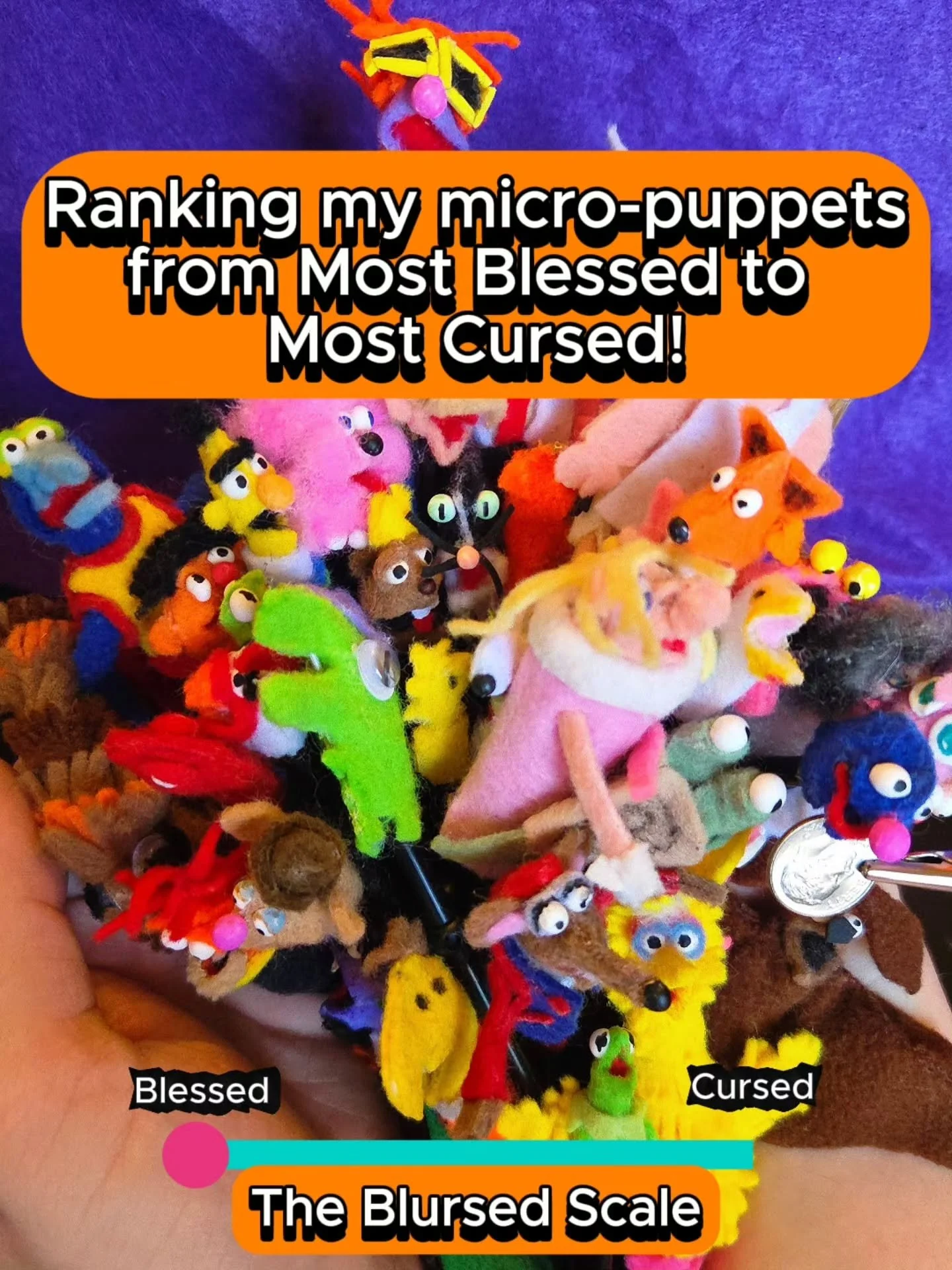 Who do you think is most blessed/cursed/blursed?

This isn't every micro-puppet I've created so far, but it's most of them! And they're all my babies no matter how much they are in need of an exorcism 💚

I have a lot more planned, who else do you wa