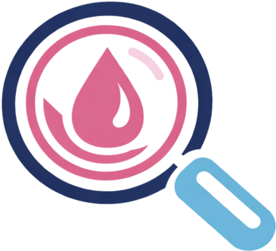 Magnifying glass with a blue handle, zoomed in on a pink oil drop symbol surrounded by a pink circle, on a black background.