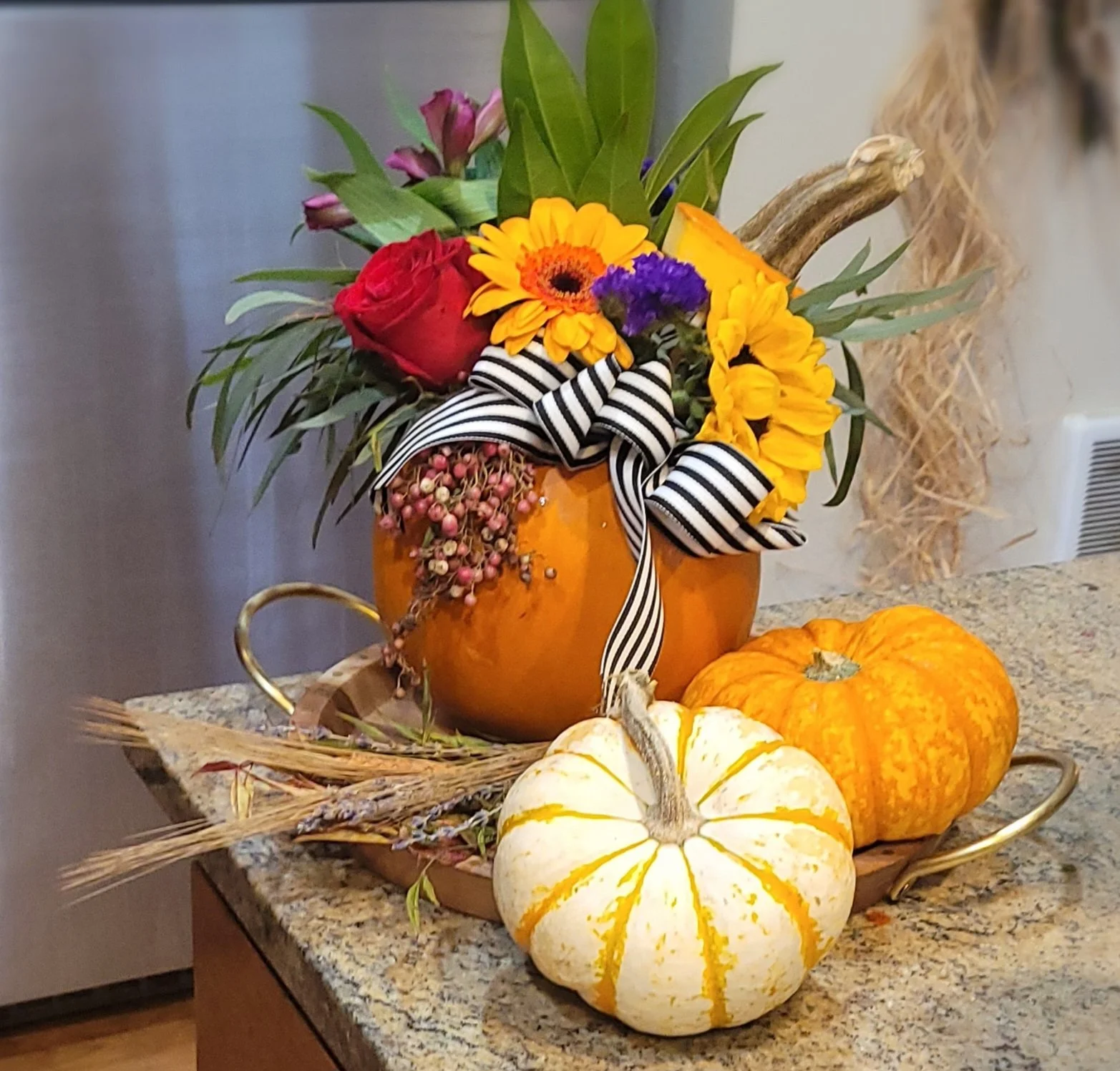 Fall Pumpkin Bouquet Display with Fresh Flowers