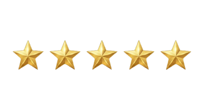 Five gold stars arranged in a horizontal line against a black background.