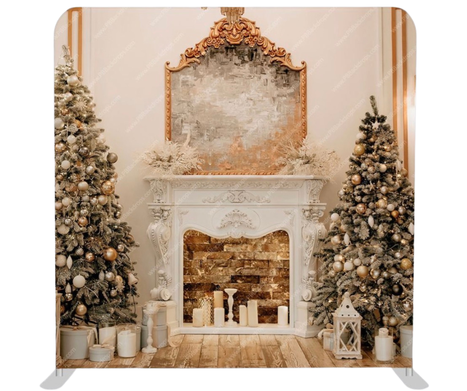Elegant Christmas holiday photo booth backdrop with white fireplace gold ornaments and flocked trees for rental in Tri-Cities WA by Luna Event Rentals